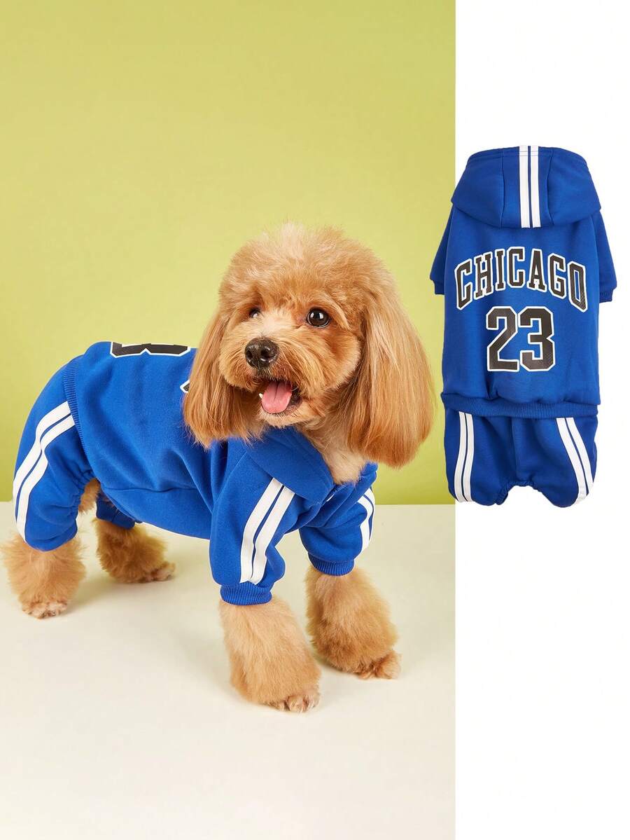 1pc English Letter Print Hooded Sweatshirt For Small Dogs, Autumn Fleece Apparel For Schnauzer, Pomeranian, Shiba Inu - Navy Blue - View 1