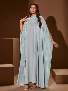Women's Stand Collar Solid Color 2 In 1 Splice Open Front Sparkling Material Embellished With Rhinestones And Faux Pearls Elegant Maxi Arabic Style Dress, Suitable For Banquet, Daily Wear And Other Occasions Spring - Mint Green - View 6
