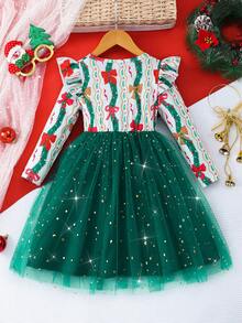 Girls' Long Sleeve Digital Print Dress With Bow & Mesh Patchwork, & Cute Dress For Christmas Party - أخضر - مشاهدة 5