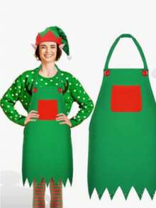 2 件圣诞狂欢派对围裙和帽子套装，圣诞围裙和帽子，适合圣诞派对服装和用品 - 綠色 - 查看 3