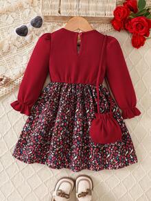 少女花卉印花荷叶边下摆二合一长袖针织连衣裙，腰带系紧，秋冬