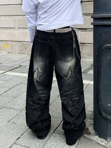 Infinite Jeans 1pc Streetwear Celana Panjang Pria Patchwork Bordir Kaki Lebar Longgar Nyaman Serbaguna Sepanjang Musim Celana Panjang Denim High Street (Produk Tidak Termasuk Sabuk Dan Aksesoris) - Hitam - View 2