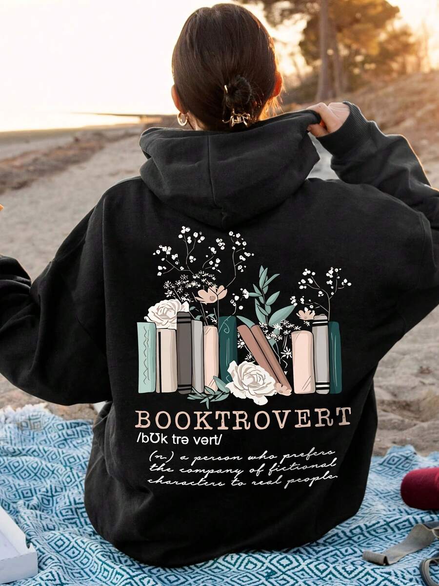 Women Bookworm Graphic Hoodie Casual Black Pullover With Floral Book Design Booktrovert Print All-Season Comfort Book Lover Gifts S M L XL XXL XXXL - 黑色 - 查看 1