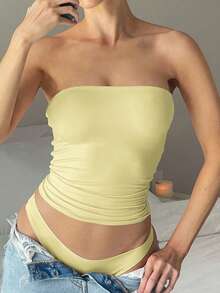 Áo tank top không dây, màu trơn, co giãn ôm sát dành cho nữ của Vaiaye, áo camisole cơ bản không dây thời trang cho mùa xuân và mùa hè. - Màu vàng - Xem 11
