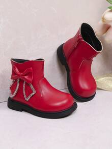 New Girls' Bowknot Rhinestone Soft Comfortable Round Toe Sweet Fashion Flat Ankle Boots Suitable For Autumn/Winter - Red - View 5