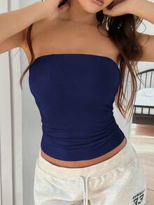 Áo tank top không dây, màu trơn, co giãn ôm sát Vaiaye dành cho nữ, áo camisole cơ bản không dây thời trang cho mùa xuân và hè. - Màu xanh hải quân - Xem 2