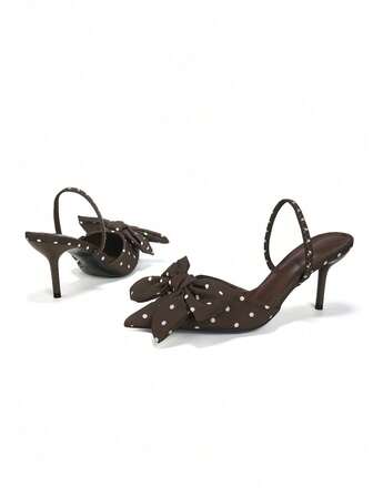 Women' Bow Polka Dot Decor Backstrap Pointed Toe Non-Slip Breathable Slip-On Mules, New Commuting Versatile Holiday Party Fashion Sexy Elegant Style Coffee Brown Polka Dot Bow Pointed Toe Backless 7CM Stiletto High Heels