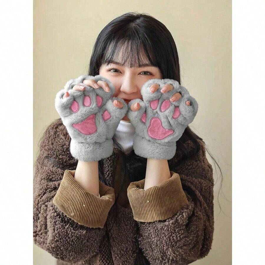 1 Pair Of Cute Cat Claw Fingerless Gloves, Thick, Warm, And Cold Resistant Plush Gloves, Suitable For Daily Use By Winter Girls, With A Rope - 灰色 - 查看 1