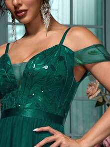 Women's Elegant Party Romantic Mesh Embroidered Evening Dress, Wedding Guest Formal Maxi Party Gown, Prom, Graduation, Wedding Reception - Dark Green - View 6