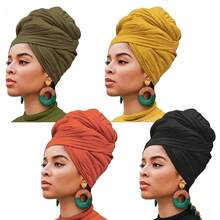 Set Of 4 Bohemian Style Pleated Head Wraps, Elegant Solid Color Turban Caps, Breathable And Ultra Soft Extra Long Headbands For Women - 綠駝咖啡黑 - 查看 2