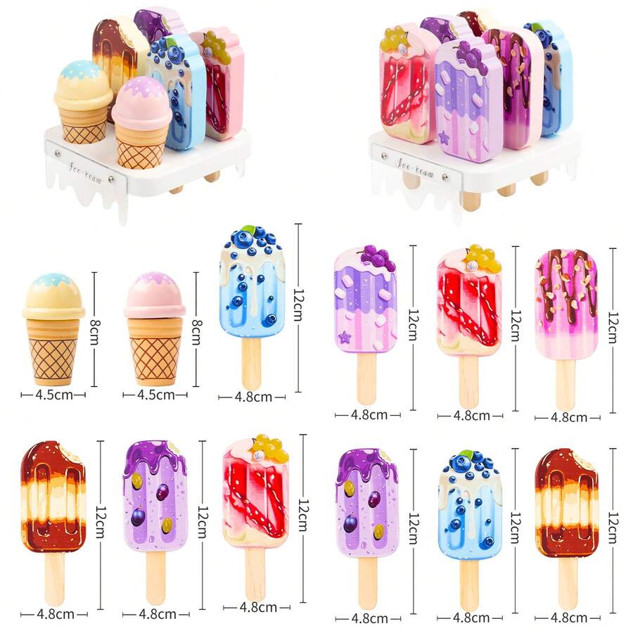 Đồ chơi gỗ Montessori, bộ đồ chơi thực phẩm sống động, giá đựng tráng miệng nhà bếp đồ chơi, kem và que kem có thể tháo rời, đồ chơi nhập vai giúp phát triển kỹ năng, hoạt động cha mẹ - con cái, quà sinh nhật cho trẻ em. - Nhiều màu - Xem 1