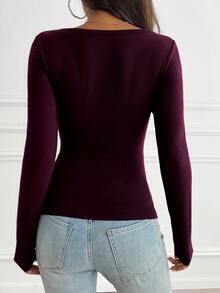 Áo thun nữ GAOVOT, phong cách Y2K mùa xuân/hè, thường ngày, gợi cảm, màu trơn, phối ren, tay dài, cổ chữ V, phù hợp cho việc đi làm. - màu tím đậm - Xem 2