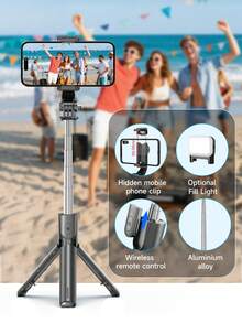 TOKQI 自拍杆三脚架，带可选补光灯，便携式和伸缩式，可伸缩自拍杆三脚架，带无线遥控器和三脚架支架，轻巧紧凑，兼容各种设备型号。