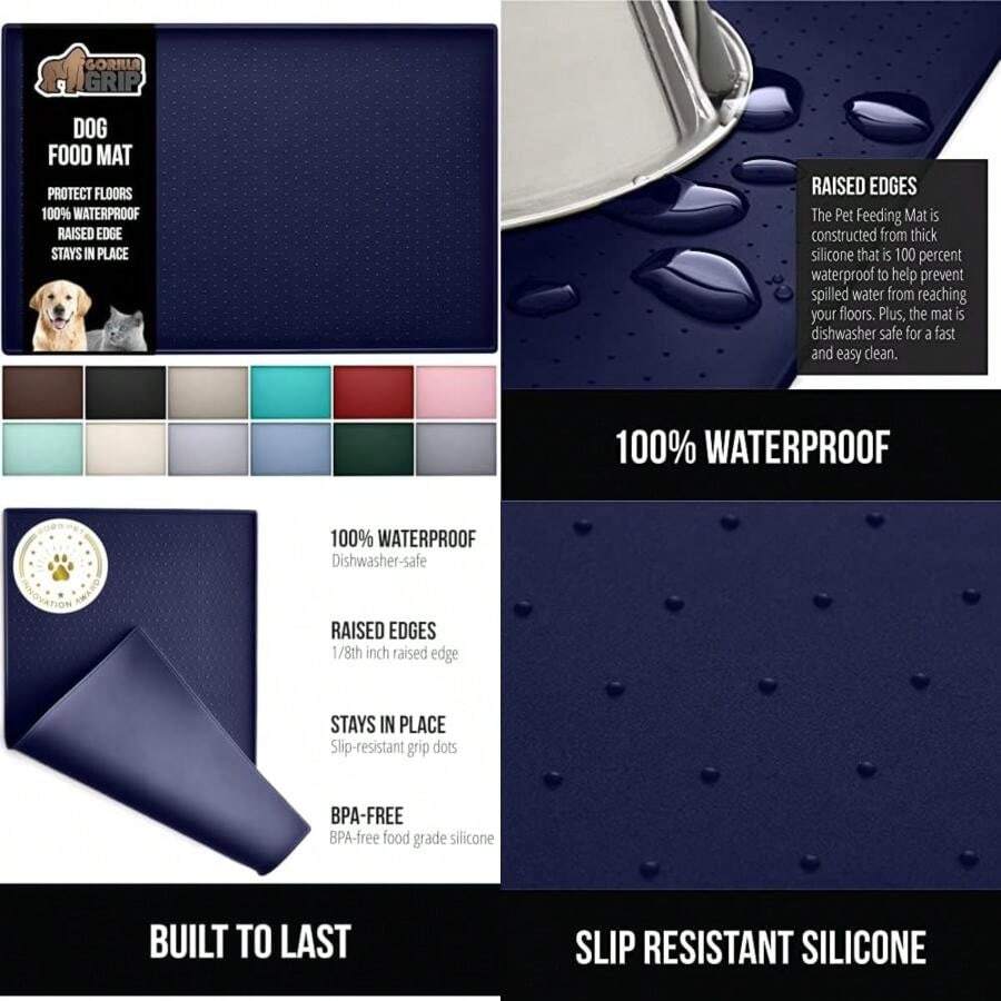 Gorilla Grip Tapete de Silicona para Alimentación de Mascotas, Impermeable, Bordes Elevados para Evitar Derrames En El Lavavajillas, Bandeja de Colocación de Perros y Gatos, 18.5X11.5, Gris(18.5" x 11.5" Navy) - Tipo24 - Ver 1