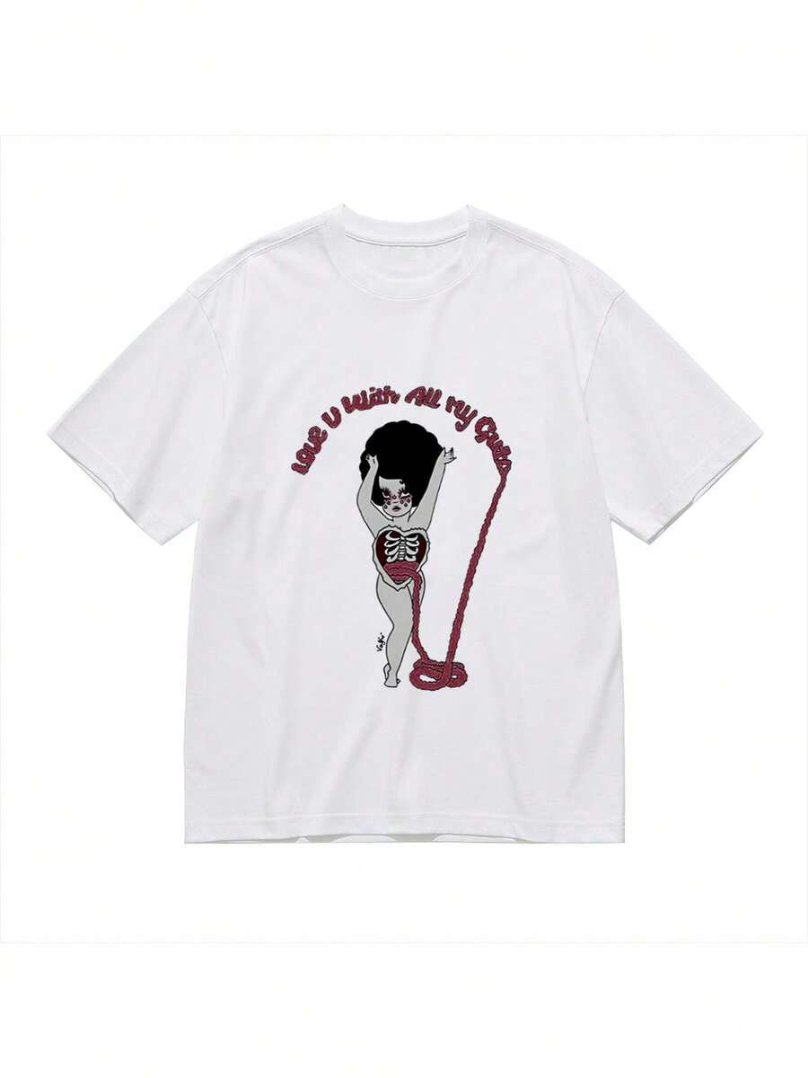 Camiseta de cuello redondo de algodón de alta elasticidad, camiseta gráfica vintage punk rock para hombres - suave% algodón, diseño de esqueleto y serpiente con la impresión Te amo, todos mis sueños, ropa casual de calle, hecha en EE. UU., tallas S-, ropa de todas las estaciones, versátil y duradera para uso diario. - Blanco - Ver 1