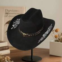 Women Men Embroidery Cowgirl Hat Wide Brim Cattle Head Belted Wool Hat Felt Jazz Cap For Party - 黑色 - 查看 5