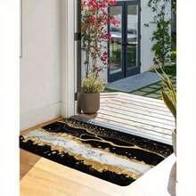 Bright Modern Kitchen White Cabinetry Gold Hardware Black Base White Marble-Like Streaks Gold Veins Dots Runner Rug Stainless Steel Pots Wooden Spoon Countertop Kitchen Items Green Outdoor Scene Patio - 彩色 - 查看 5