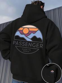 Men's Passenger Clothing Graphic Hooded Sweatshirt - Brown With Brown/Beige Mountain & Airplane Print, Kangaroo Pocket, Drawstring Hood, Casual Pullover Sweater For Travel & Casual Attire, All-Season Comfort, Machine Washable (Passenger-Themed Design) - Relaxed Fit, Front Pocket, Stylish Men's Fashion, All-Season Wear, Passenger Clothing Branding, Versatile Casual Wear, Travel Hoodie - màu đen - Xem 2