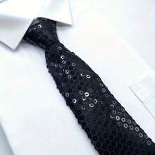 1pc Men's Solid Color Sequin Casual Zipper Necktie, Suitable For Holidays And Parties - Black - View 10