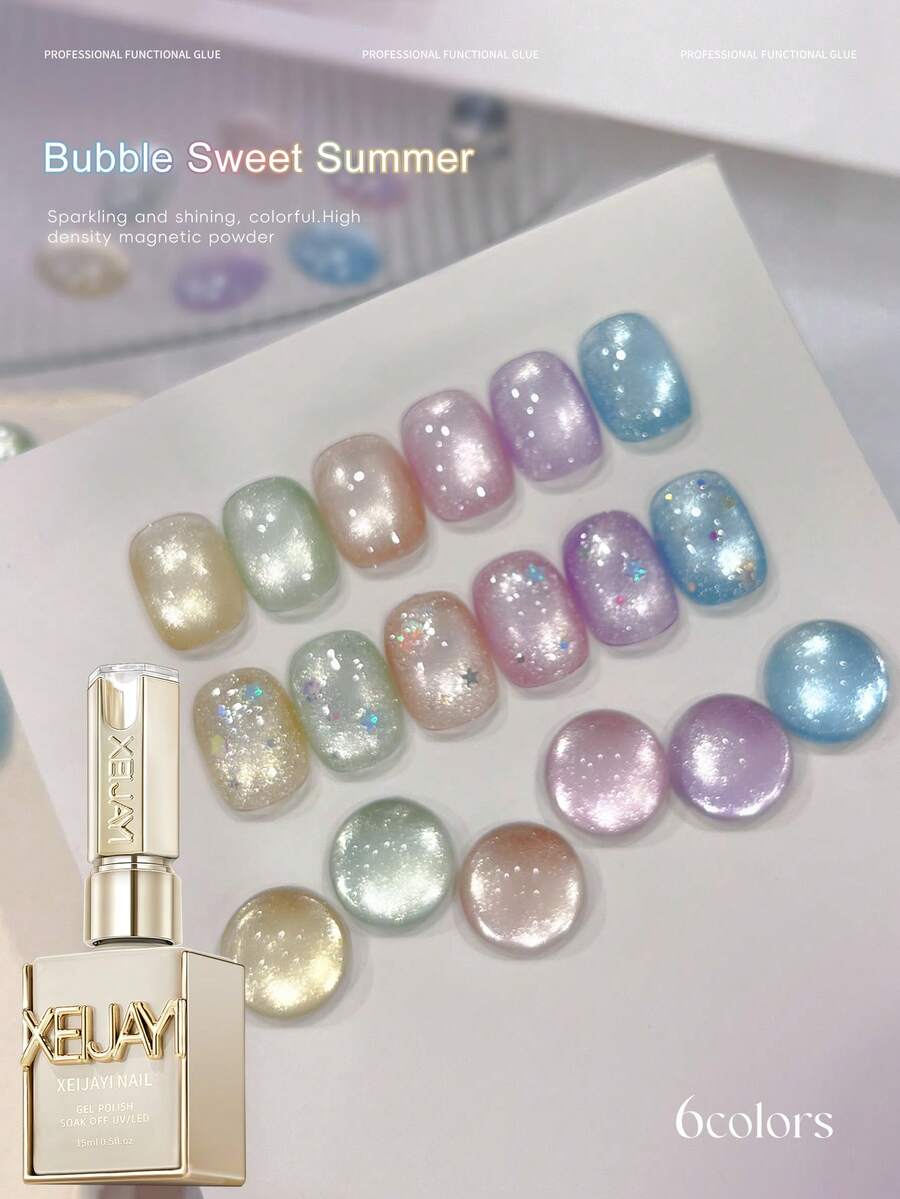 XEIJAYI 6pcs Bubble Sweet Summer Cat Eye Nail Polish Gel Set 2025 New Style Blue Pink Cat Eye Nail Art Suitable For Women's Nail Salon Design - Nhiều màu - Xem 1