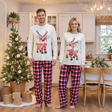 Family Christmas Pajamas Set, Long-Sleeved Elk Print Top + Stretch Plaid Pants / Pajamas Set, Very Suitable For The Whole Family To Wear Pajamas Home Clothes - 白色 - 查看 4