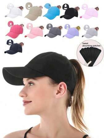 Gorra de béisbol unisex transpirable con agujero para coleta - Gorra deportiva de malla de secado rápido, con correa/hebilla ajustable, ala ancha y ligera con protección UV, banda absorbente de humedad y detalles reflectantes; adecuada para correr, ciclismo, senderismo, golf, fitness, viajes, playa y uso casual; se puede atar la coleta/moño bajo, plegable y almacenable, simple y cómoda, gorra deportiva transpirable, que absorbe el sudor, gorra deportiva plegable unisex