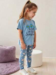 2pcs/Set Girls Flower Pattern T-Shirt And Leggings Set, Casual Minimalist Design, Suitable For Summer - Blue - View 3