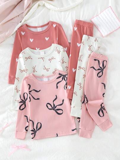 6pcs/Set Baby Girls' Cute Casual Heart & Bow Print Long Pants, Long Sleeve Bodysuit Pajama Set, Snug Fit (Suggest Ordering One Size Up)