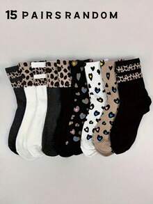 9 Pairs Women Leopard Print & Heart Pattern Mid-Calf Socks, Fashionable Minimalist Unique Retro Street Style Design, Suitable For Casual Outfits - Multicolor - View 27