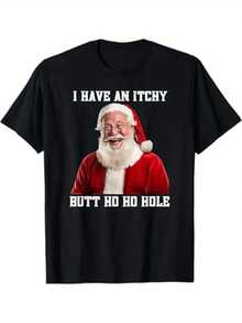Men's Funny Santa Claus T-Shirt With "I Have An Itchy Butt Hole" Saying & White Text - Mature Humor Christmas Party Shirt, Black Crew Neck Tee With Slight Stretch, All-Season Knit Fabric, Machine Washable, Regular Fit Adults, Festive Joke Gift Xmas & New Year's Eve - Adult Novelty Apparel, Cotton Blend Comfort, Humorous Santa Design, Casual Wear, Year-Round Use, No Transparency - 黑色 - 查看 3
