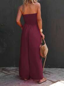 Womens Strapless Smocked Wide Leg Jumpsuit Sleeveless Casual Summer Chiffon Romper With Pockets - 酒紅色 - 查看 3