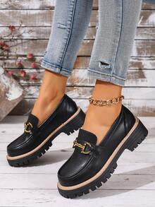 Giày lười nữ đế dày, kiểu dáng slip-on, trang trí dây xích kim loại thời trang, giày lười đế cao. - màu đen - Xem 6