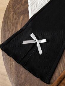 2件套女童罗纹喇叭裤，白色蝴蝶结裤脚开衩，黑色和棕色，日常必备单品 - 彩色 - 查看 6