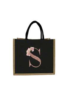 26字母印花手提袋，多功能便携印花手提袋，大容量耐用轻便手提袋，亚麻花卉图案字母印花手提袋 - 彩色 - 查看 2