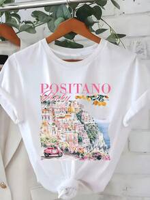 Una Camiseta Cómoda de Manga Corta y Cuello Redondo con un Estampado de la Italiana, Hecha de Tela Suave, Perfecta para el Uso Diario - Blanco - Ver 4