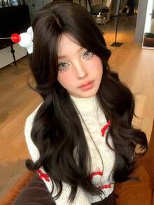 alicegarden 1 合成耐热。长自然波浪发，中心分假发，中等部分，棕色 26 英寸，日常自然、光滑、逼真的假发（不包括配件） - 黑色 - 查看 12