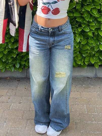女式休闲水洗直筒低腰宽松破洞牛仔裤