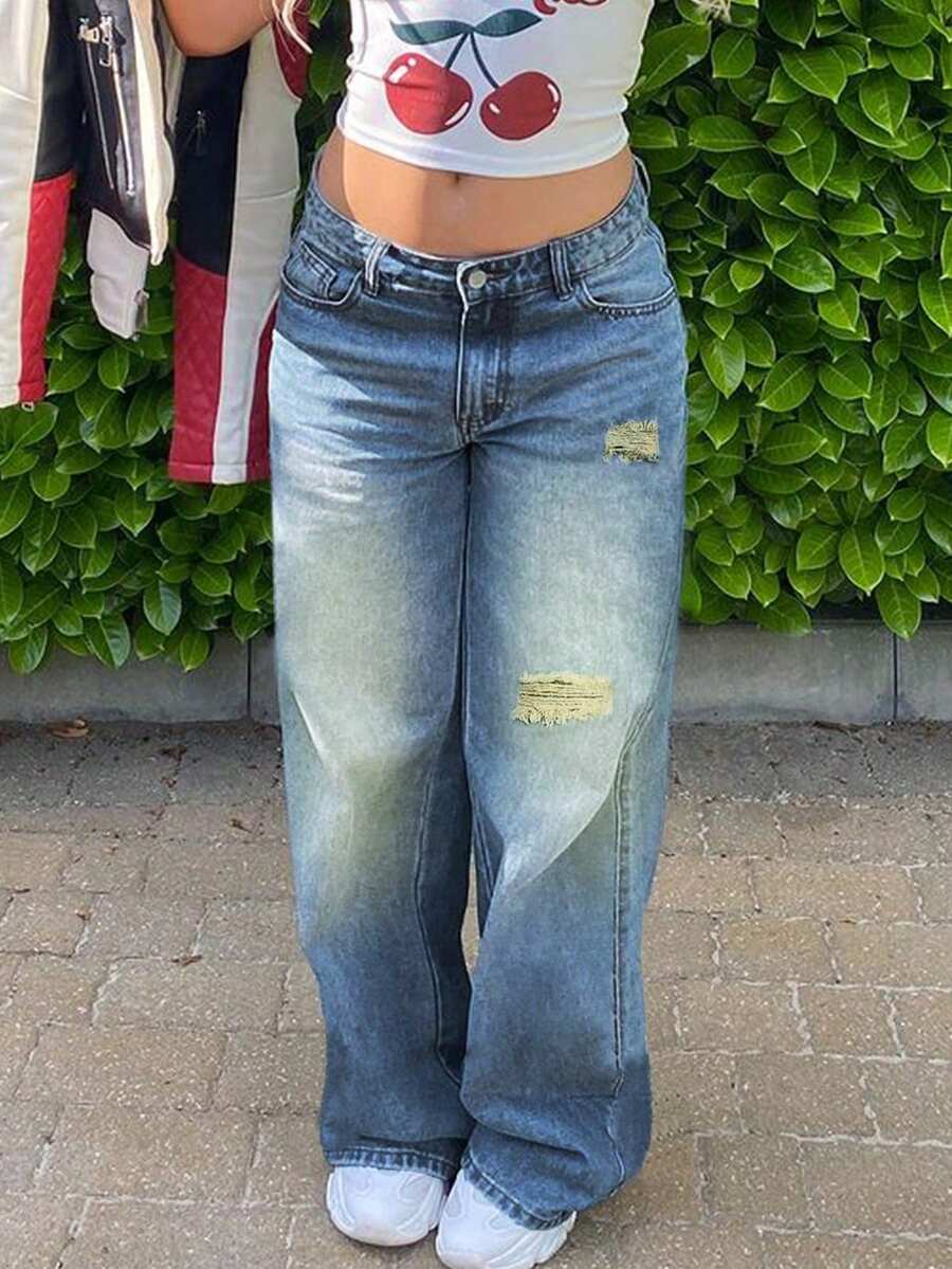 女士休闲水洗直筒低腰宽松破洞牛仔裤 - 深色水洗藍 - 查看 1