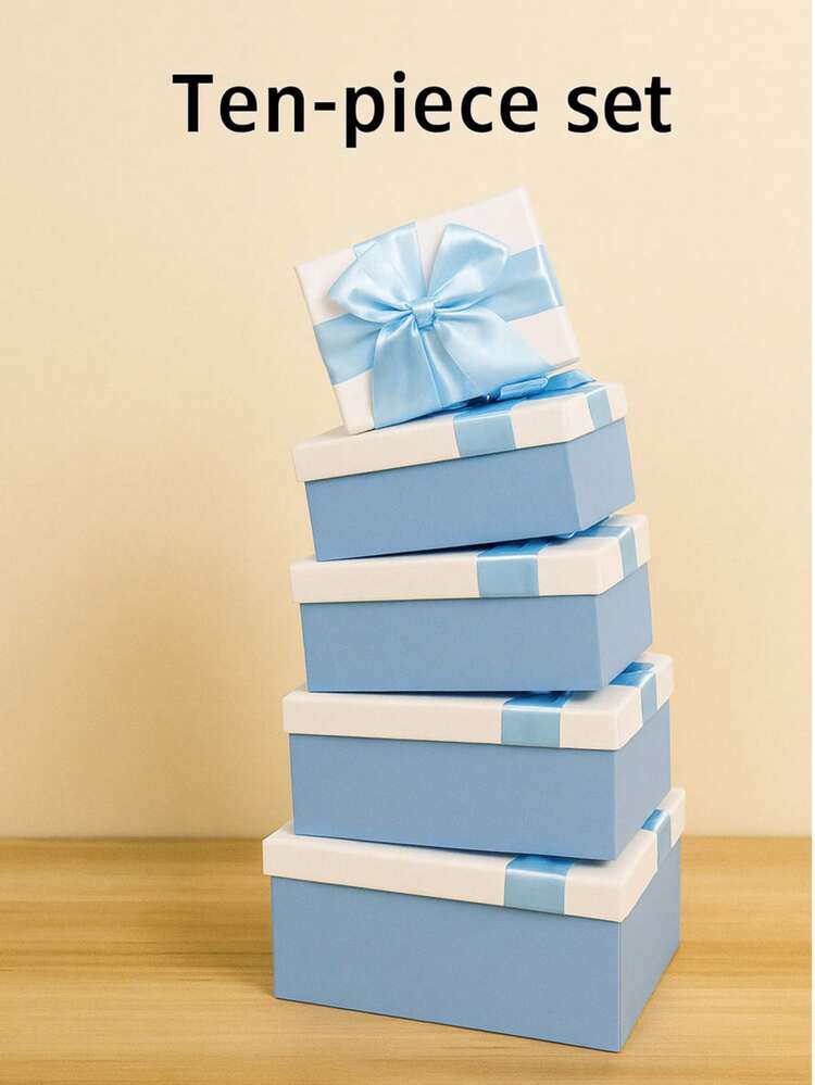 Blue And White Rectangular Gift Box Set 10 Pieces With Ribbon For Elegant Packaging - Baby Blue - View 10