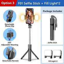 TOKQI 自拍杆三脚架，带可选补光灯，便携式和伸缩式，可伸缩自拍杆三脚架，带无线遥控器和三脚架支架，轻巧紧凑，兼容各种设备型号。
