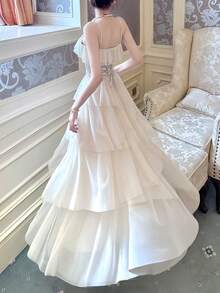 Elegant Romantic Wedding Guest Tulle Spaghetti Strap Party Evening Tie-Up Ruffle Hem Princess Dress - Apricot - View 6