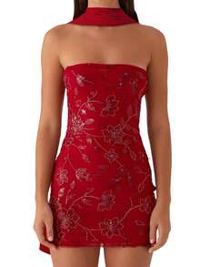 Women Summer Mini Bandeau Dress Sleeveless Off Shoulder Flower Embroidery Tube Top Dress With Scarf - 紅色 - 查看 7