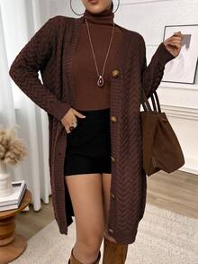 大码女式休闲长款开衫，落肩长袖单排扣，秋冬 - 棕色 - 查看 4