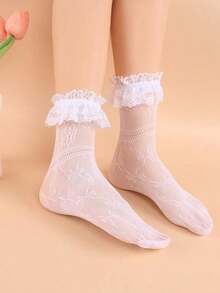 1 Pair Women's Lace Mid-Calf Socks With Big Lace Trim, Elastic Hollow Mesh Stockings, Style Kawaii Lace Socks - 白色 - 查看 2
