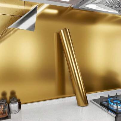 1 Roll Gold Stainless Steel Textured Self-Adhesive Wallpaper, Suitable For Kitchen Decor. Gold Brushed Metal Appearance, Stainless Steel Material, Peel And Stick, Waterproof And Moisture-Proof, Suitable For DIY Cabinet Decoration And Home Decor.