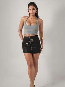 Cropped Feminino Halter em Poliamida – Top Justo, Liso, Confortável e Estiloso - Cinza - Visão 2