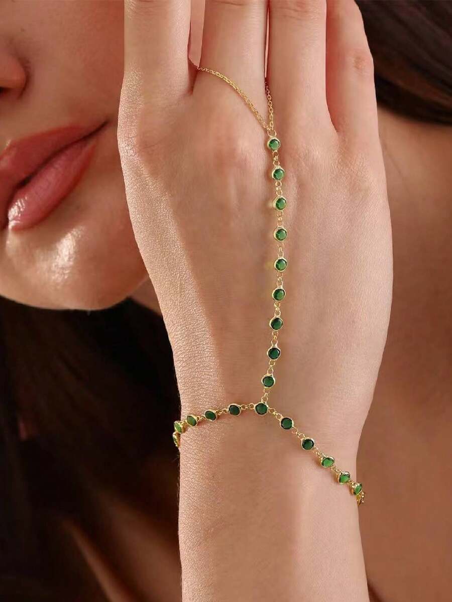 1pc Vintage Green Crystal Knuckle Bracelet, Minimalist Bohemian Style Hand Chain (Random Green Disc)