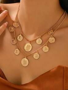 1pc Fashionable Vintage Coin & Badge Pendant Multilayer Necklace, Minimalist Elegant Jewelry For Women, Suitable For Casual, Holiday, Date, Party, Gift, Adjustable Length