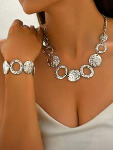 1 套 2 件复古夸张时尚不对称图案镂空圆形吊坠项链和手链套装，巴洛克风格法式奢华几何银色首饰套装，适合女性日常、派对、活动佩戴 - 銀色 - 查看 2