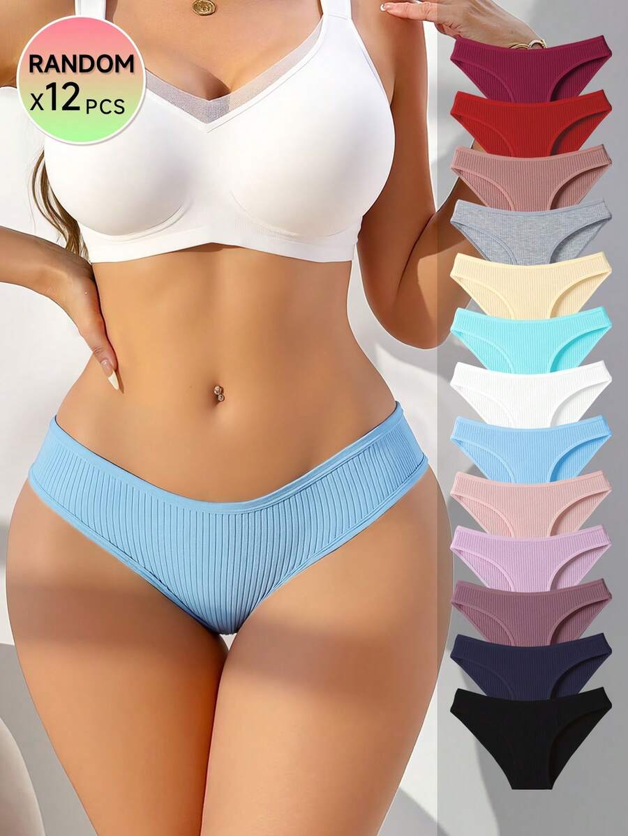 12 Packs Random Color Packaging Of Women's Briefs,  Solid Color Simple Ribbed  Soft, Stretchy And Breathable Women's Knitted Panties, Available In A Variety Of Colors And Sizes From S To XXL, Suitable For Comfortable And Casual Wear - Màu sắc ngẫu nhiên - Xem 1